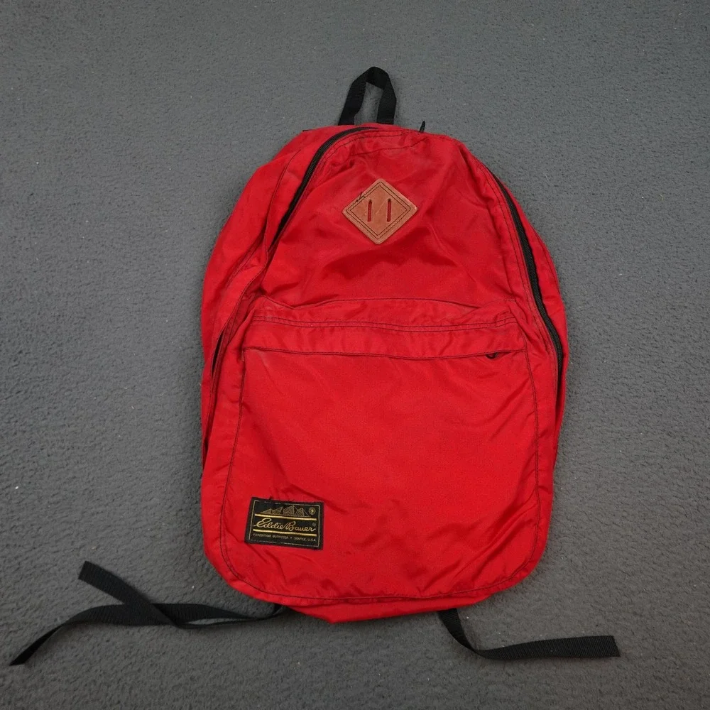 Vintage Eddie Bauer Backpack Red Daypack Leather Lash Patch Black Straps Hiking